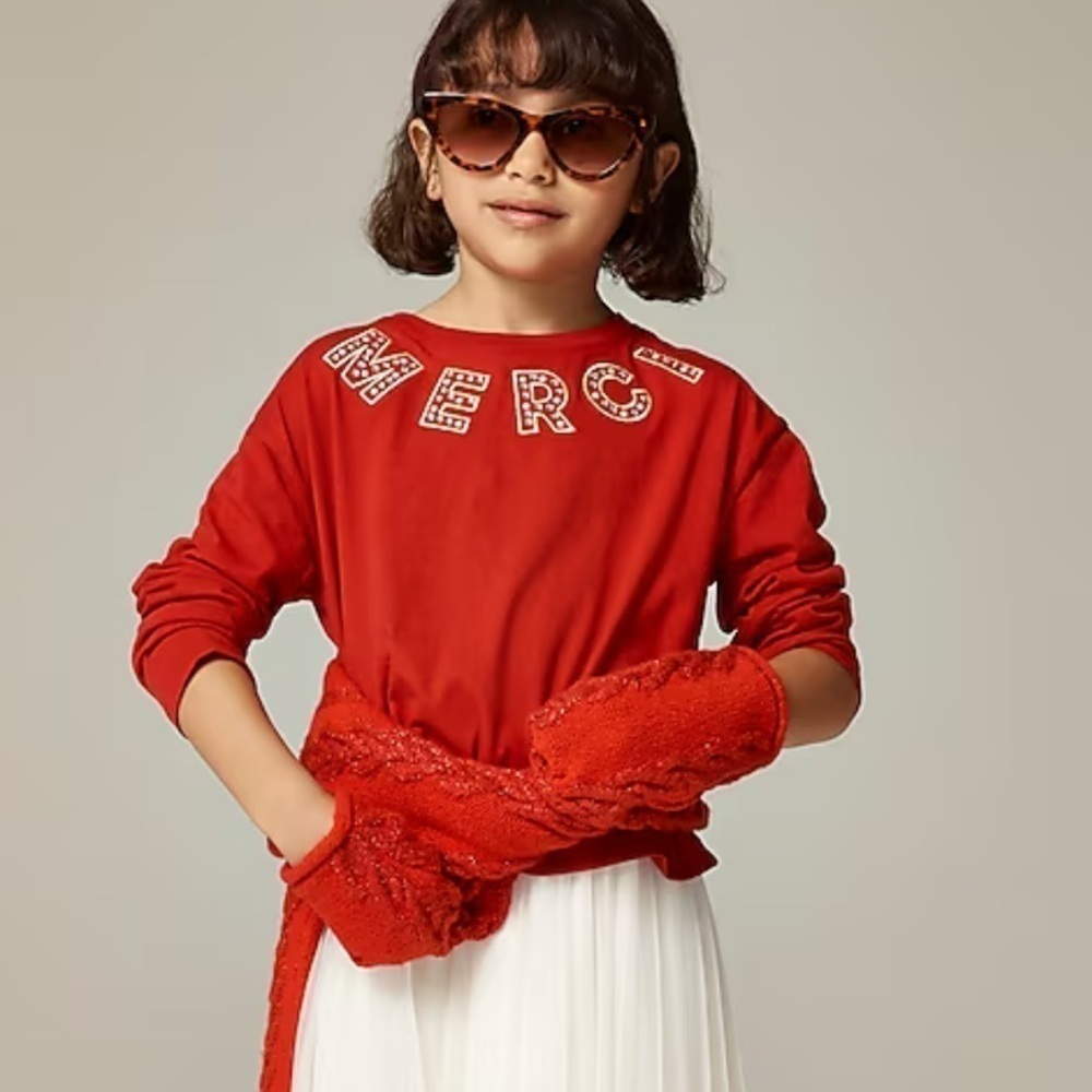 J crew Girls' long-sleeve embellished "Merci" graphic T-shirt